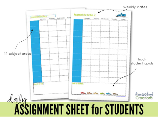 assignment sheet for students from Homeschool Creations